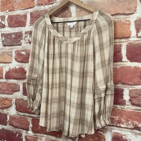 LC Lauren Conrad Top Women's Small Tan White Multicolor Plaid Metallic Shirt - Picture 4 of 8